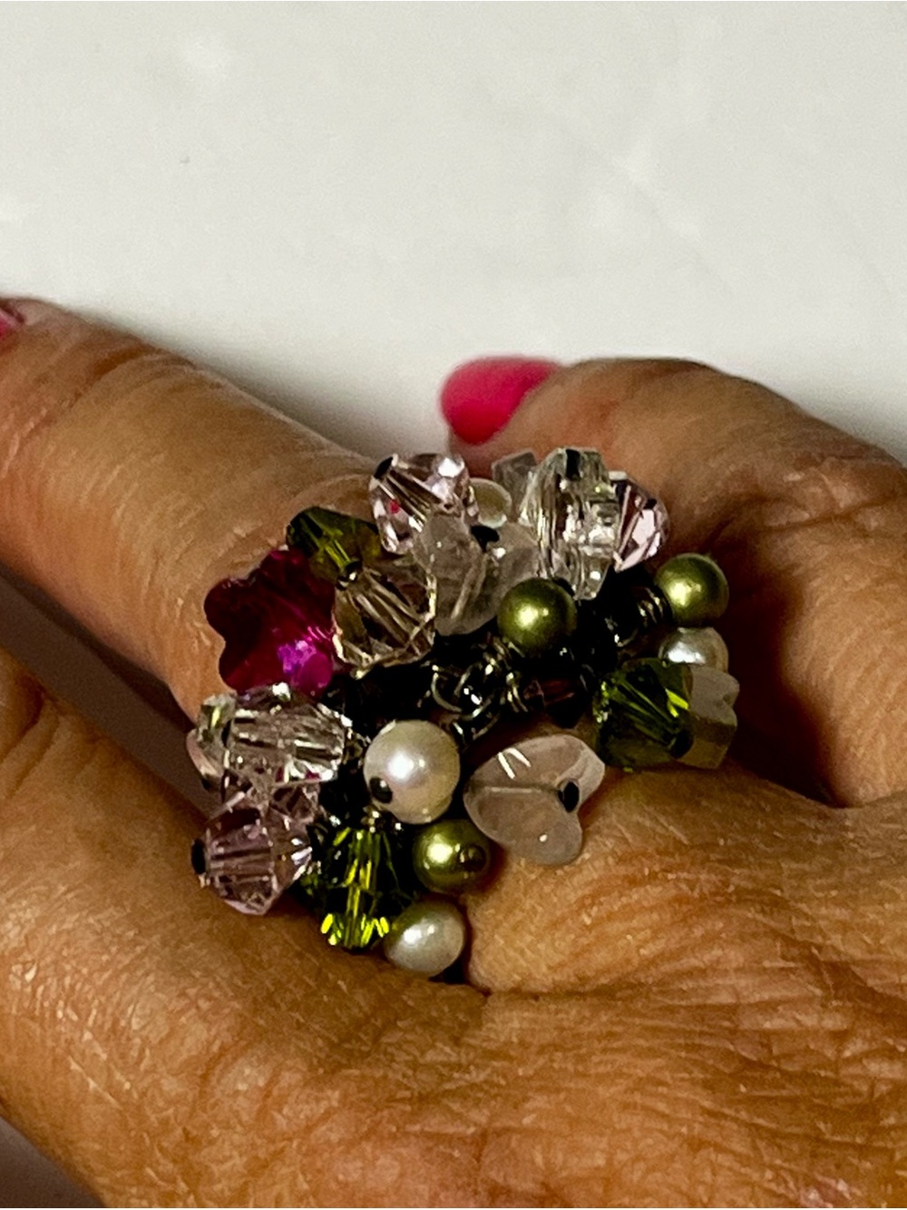 Vintage Cluster Bead Statement Ring in Pink, Green, and Clear adjustable $25 - Picture 5 of 9